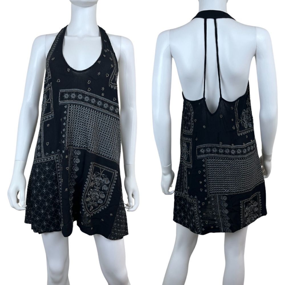 Free People Women Size XS Black Country Nights Pullover Embroidered Cotton Dress